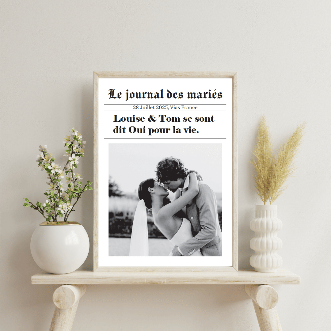 Affiche personnalisée "Le Journal des Mariés" – Gazette unique pour célébrer votre union