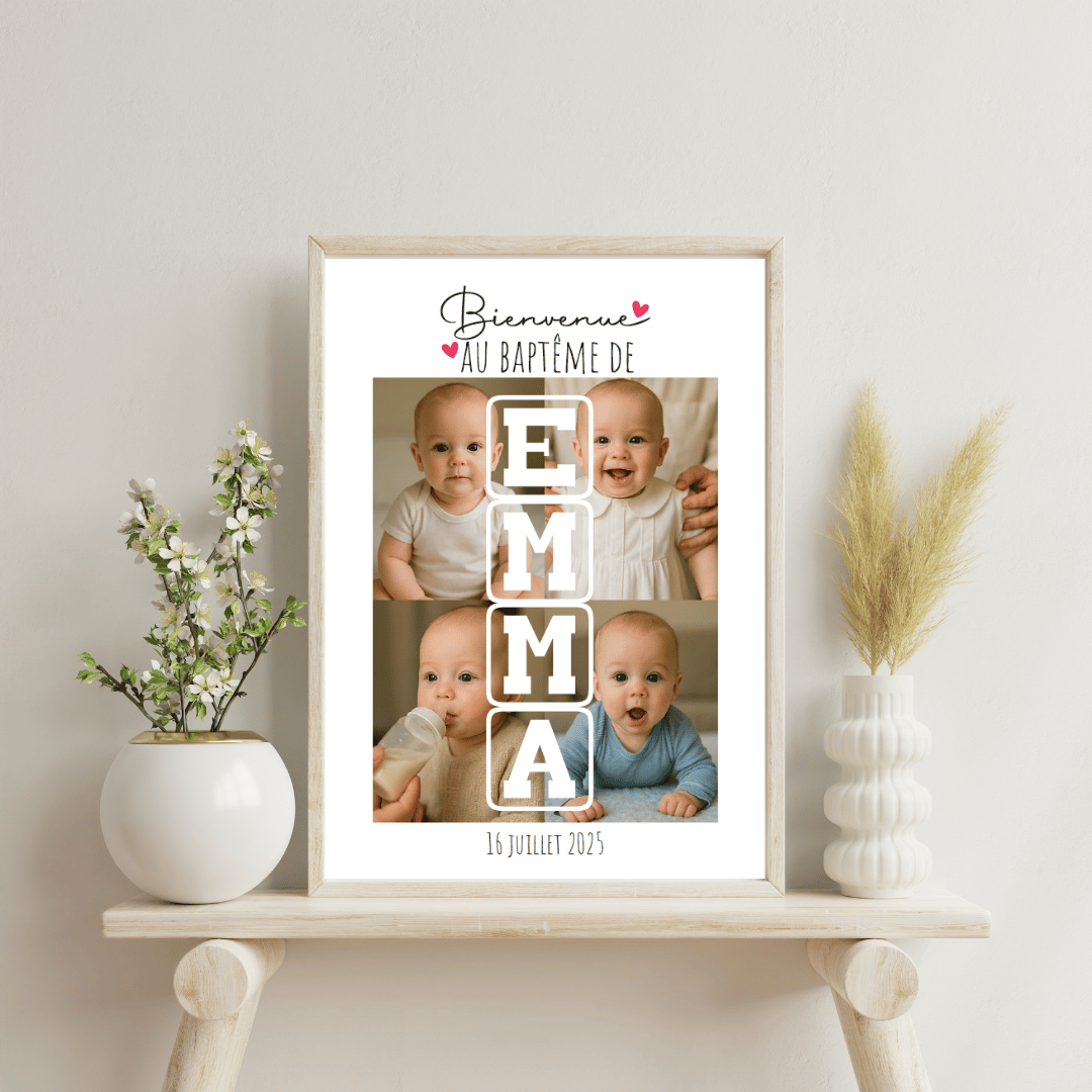 Affiche personnalisée pour Baptême – Portraits bébé à personnaliser